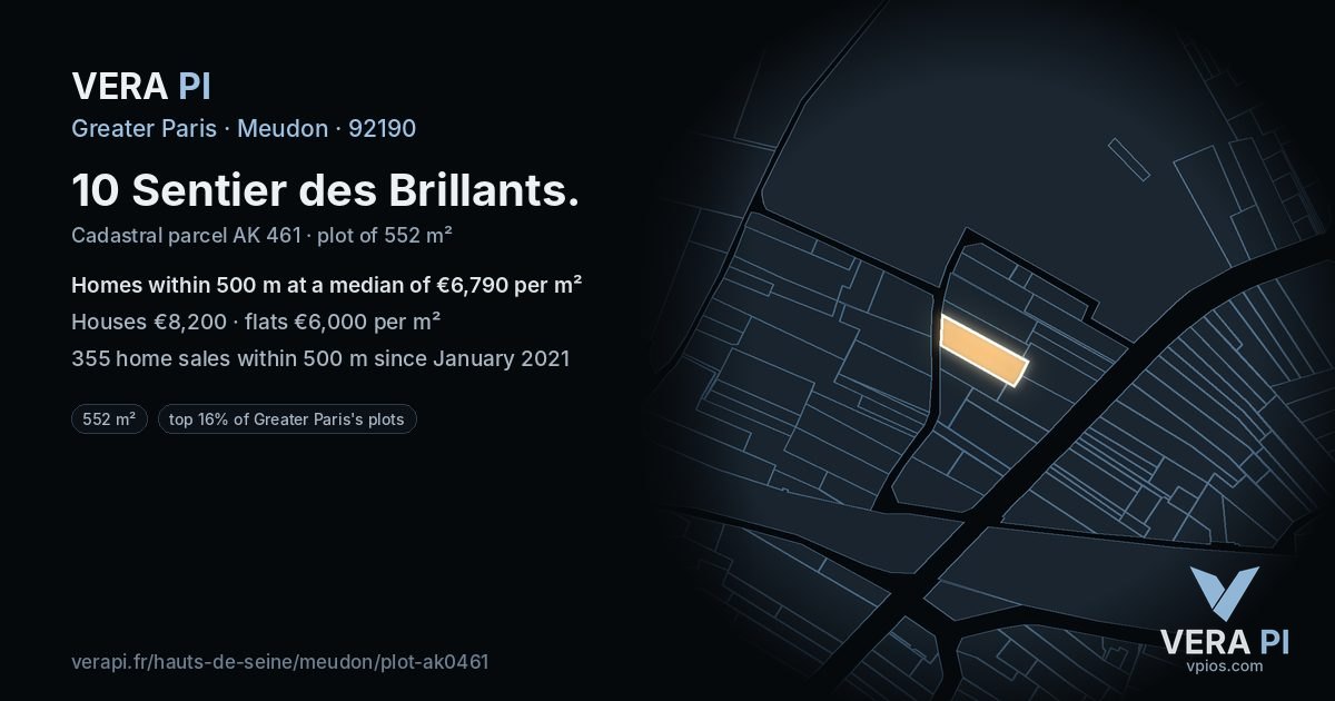 10 Sentier des Brillants, Meudon at night – the plot lit, the parcels around coloured by the prices near them