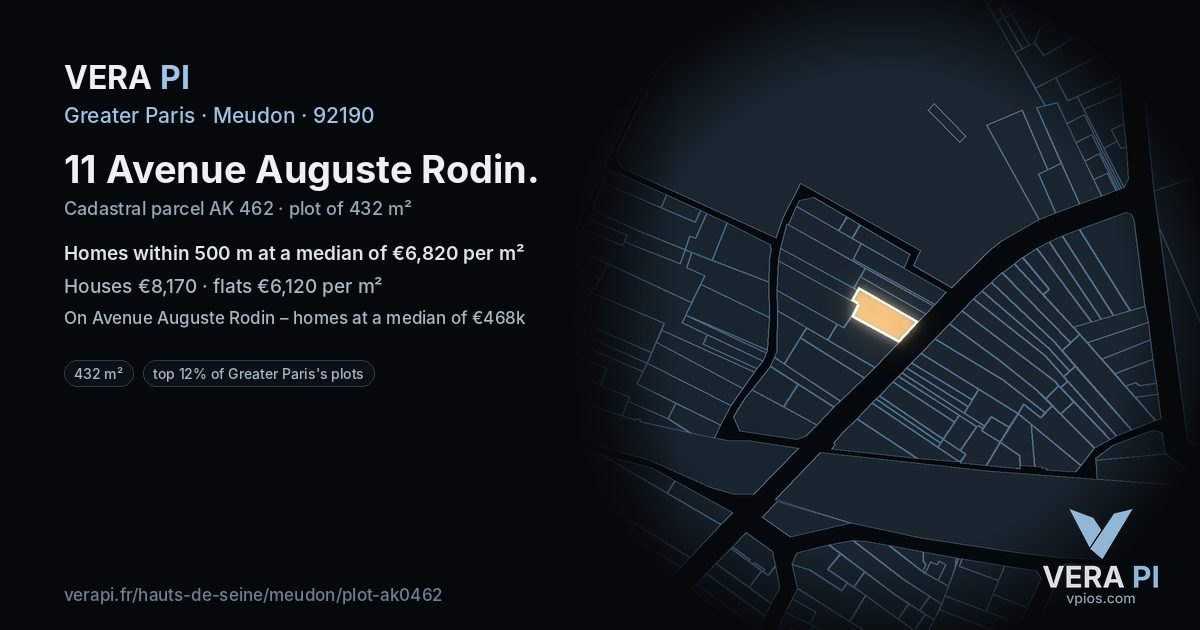 11 Avenue Auguste Rodin, Meudon at night – the plot lit, the parcels around coloured by the prices near them