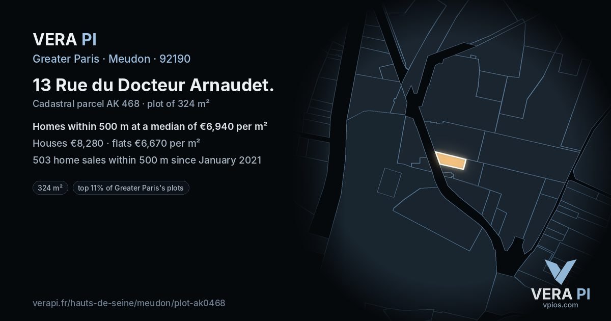 13 Rue du Docteur Arnaudet, Meudon at night – the plot lit, the parcels around coloured by the prices near them