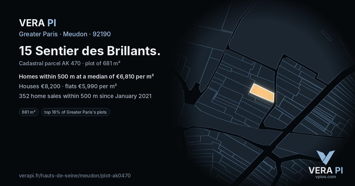 15 Sentier des Brillants, Meudon at night – the plot lit, the parcels around coloured by the prices near them