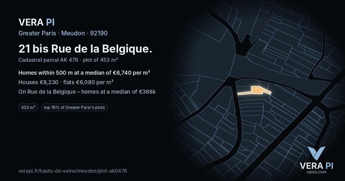 21 bis Rue de la Belgique, Meudon at night – the plot lit, the parcels around coloured by the prices near them