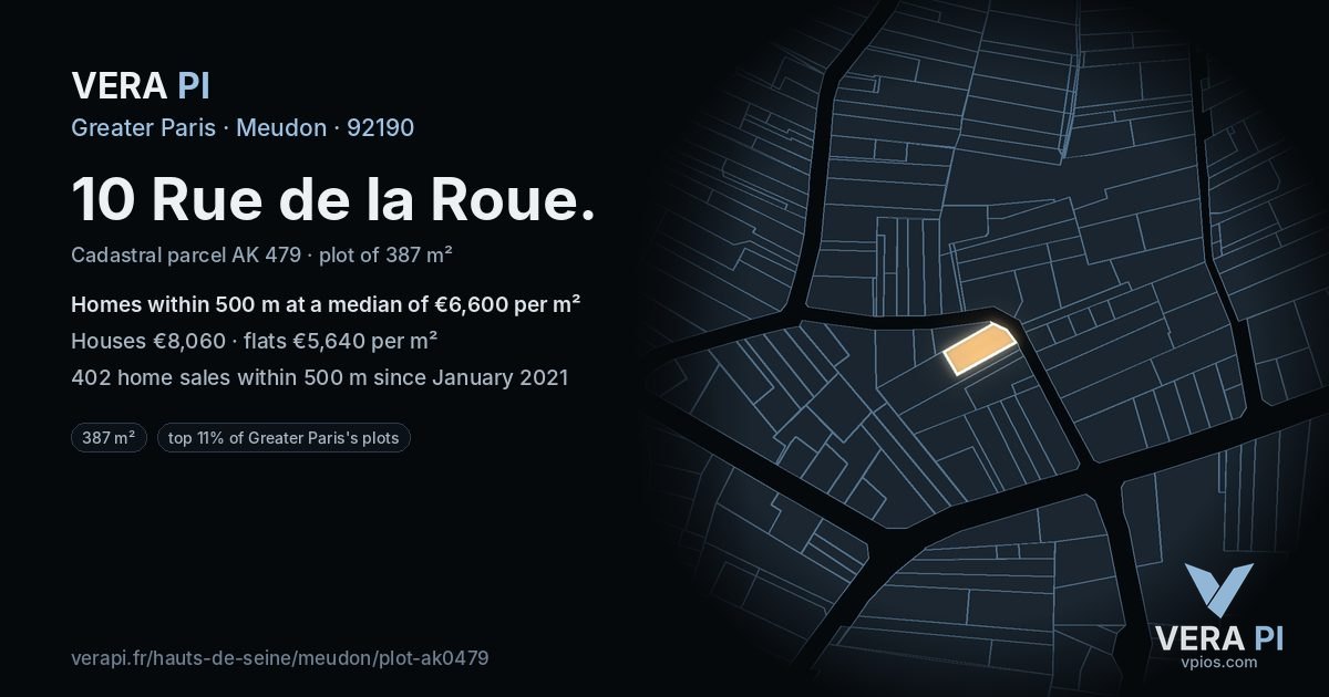 10 Rue de la Roue, Meudon at night – the plot lit, the parcels around coloured by the prices near them