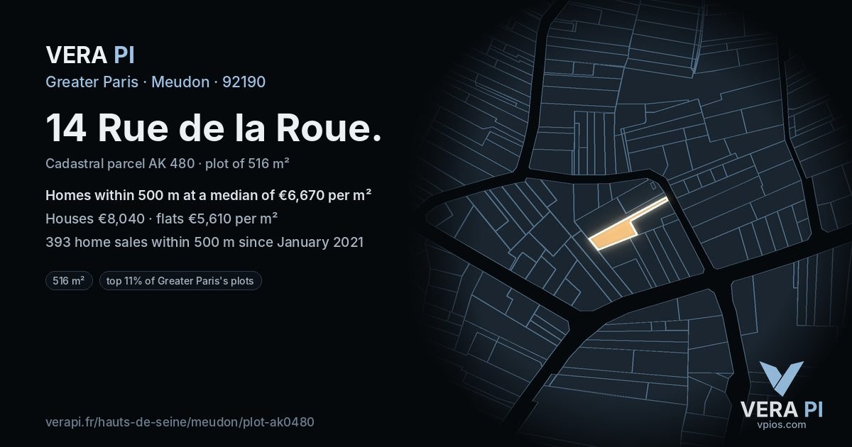 14 Rue de la Roue, Meudon at night – the plot lit, the parcels around coloured by the prices near them