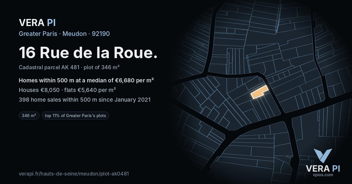 16 Rue de la Roue, Meudon at night – the plot lit, the parcels around coloured by the prices near them