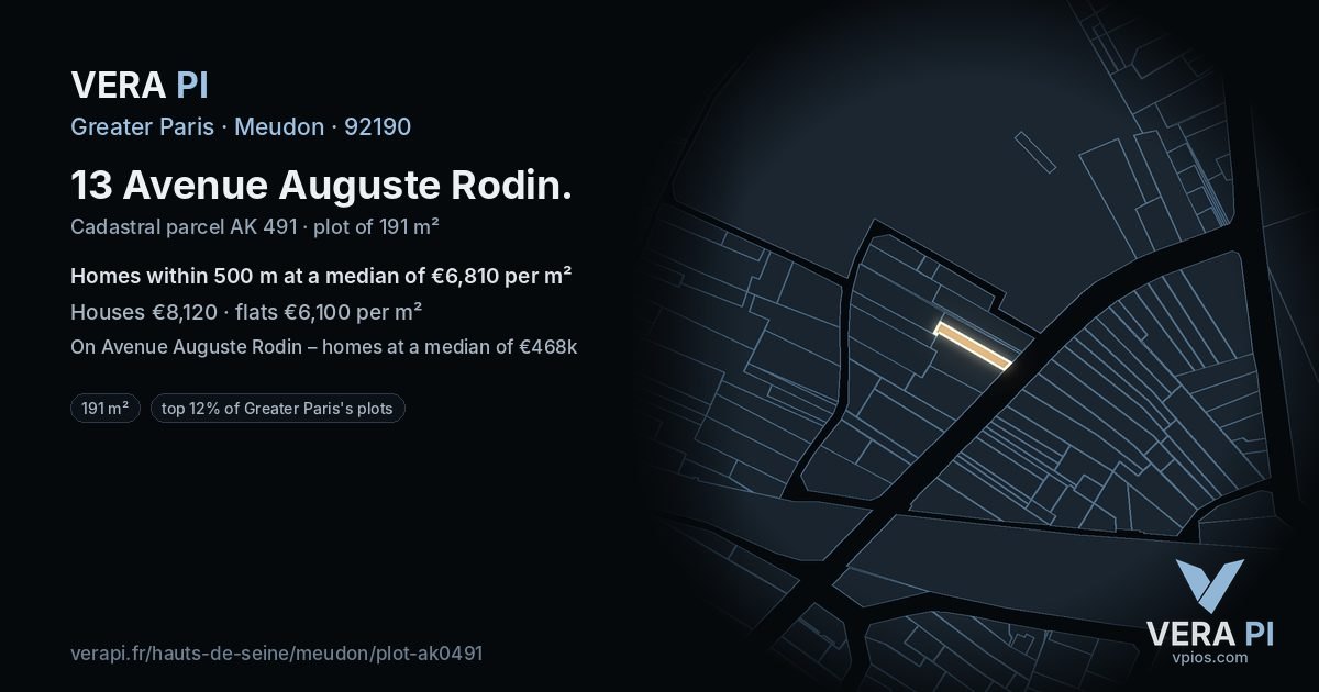 13 Avenue Auguste Rodin, Meudon at night – the plot lit, the parcels around coloured by the prices near them
