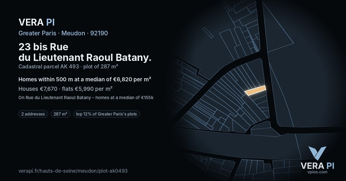 23 bis Rue du Lieutenant Raoul Batany, Meudon at night – the plot lit, the parcels around coloured by the prices near them