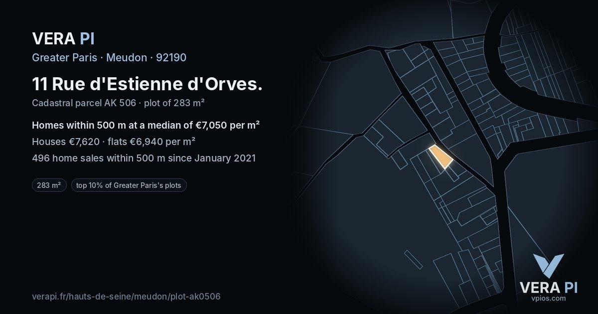 11 Rue d'Estienne d'Orves, Meudon at night – the plot lit, the parcels around coloured by the prices near them