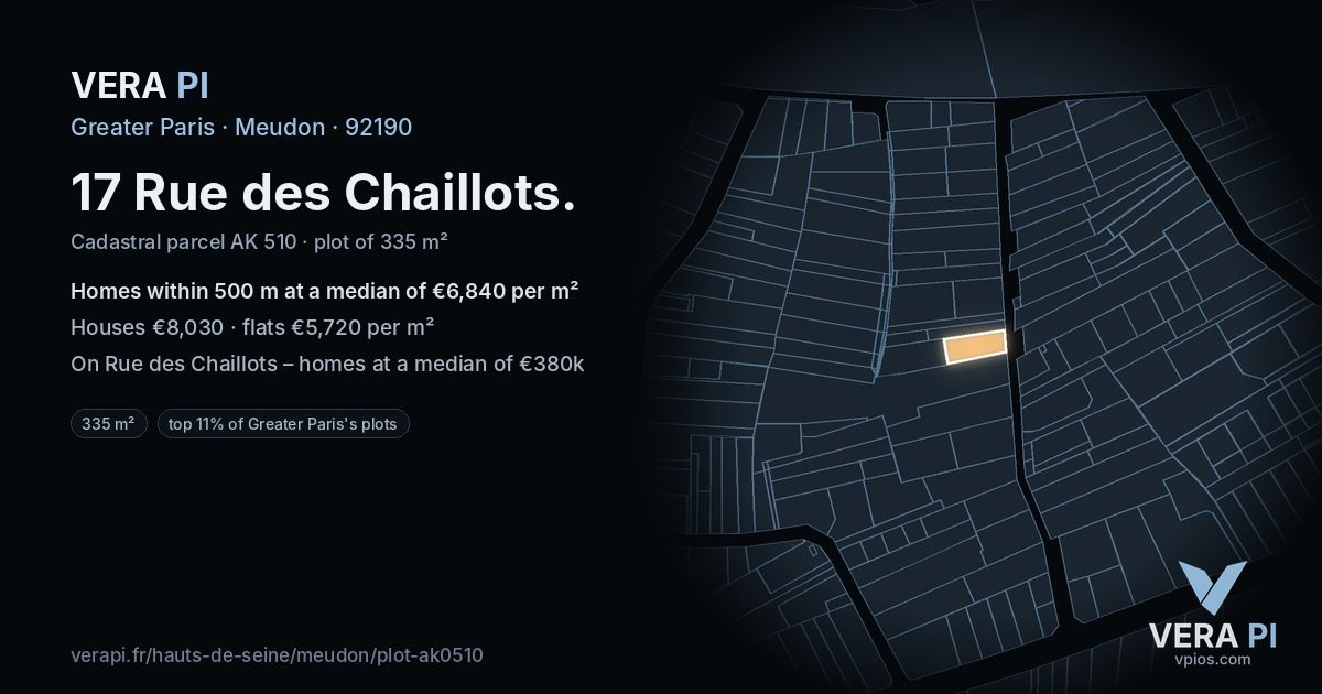 17 Rue des Chaillots, Meudon at night – the plot lit, the parcels around coloured by the prices near them