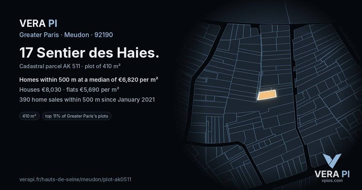 17 Sentier des Haies, Meudon at night – the plot lit, the parcels around coloured by the prices near them