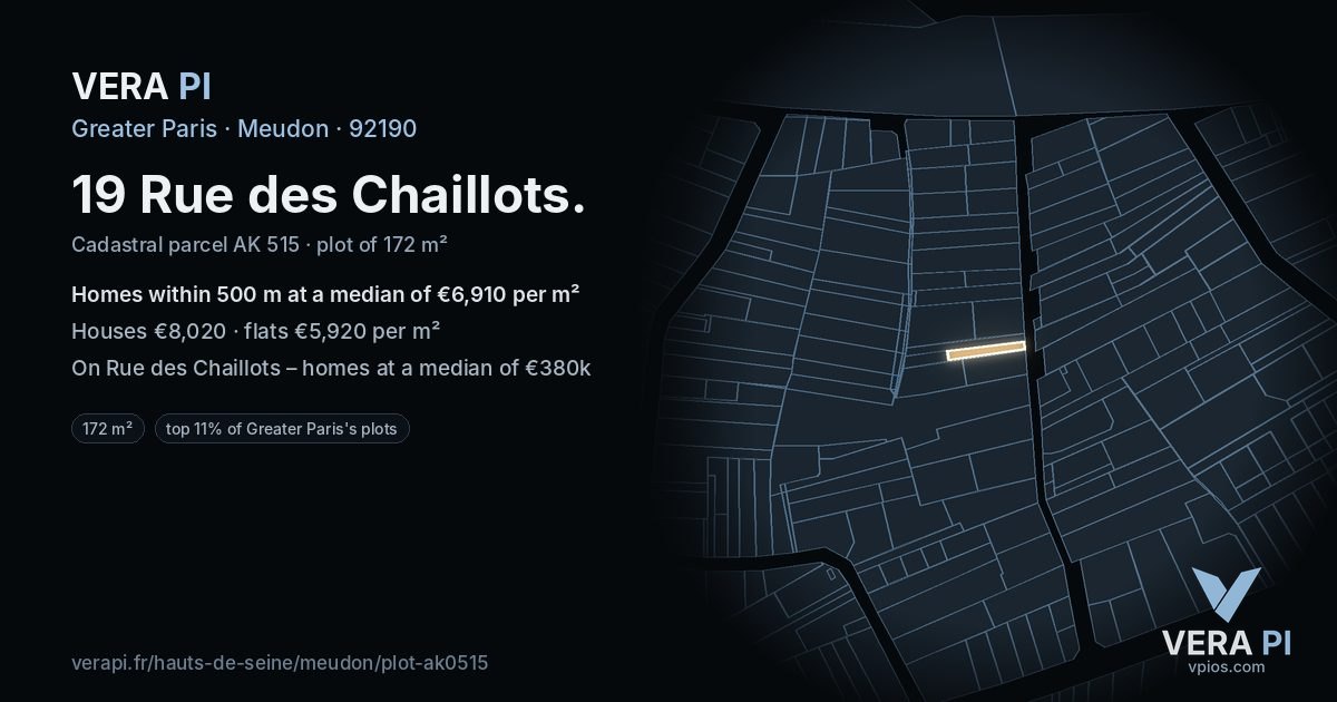 19 Rue des Chaillots, Meudon at night – the plot lit, the parcels around coloured by the prices near them