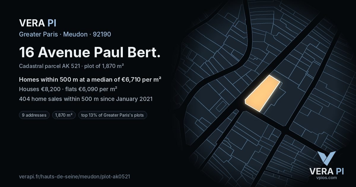 16 Avenue Paul Bert, Meudon at night – the plot lit, the parcels around coloured by the prices near them