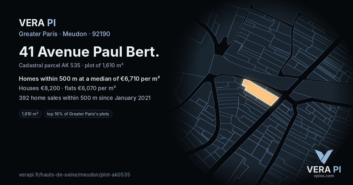 41 Avenue Paul Bert, Meudon at night – the plot lit, the parcels around coloured by the prices near them