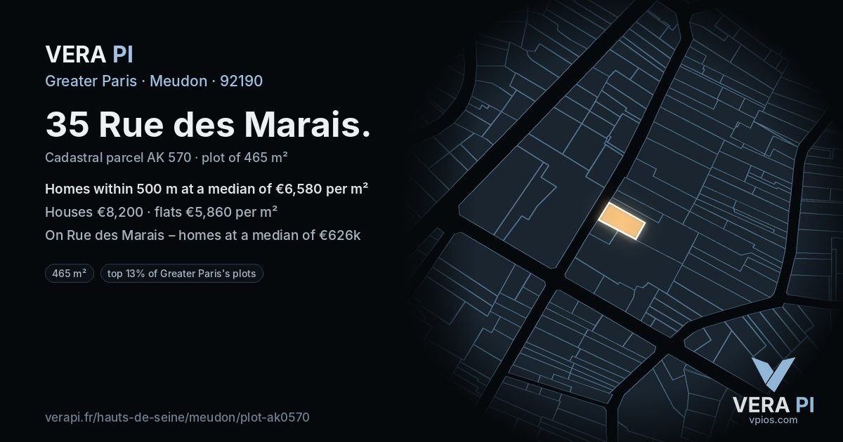 35 Rue des Marais, Meudon at night – the plot lit, the parcels around coloured by the prices near them