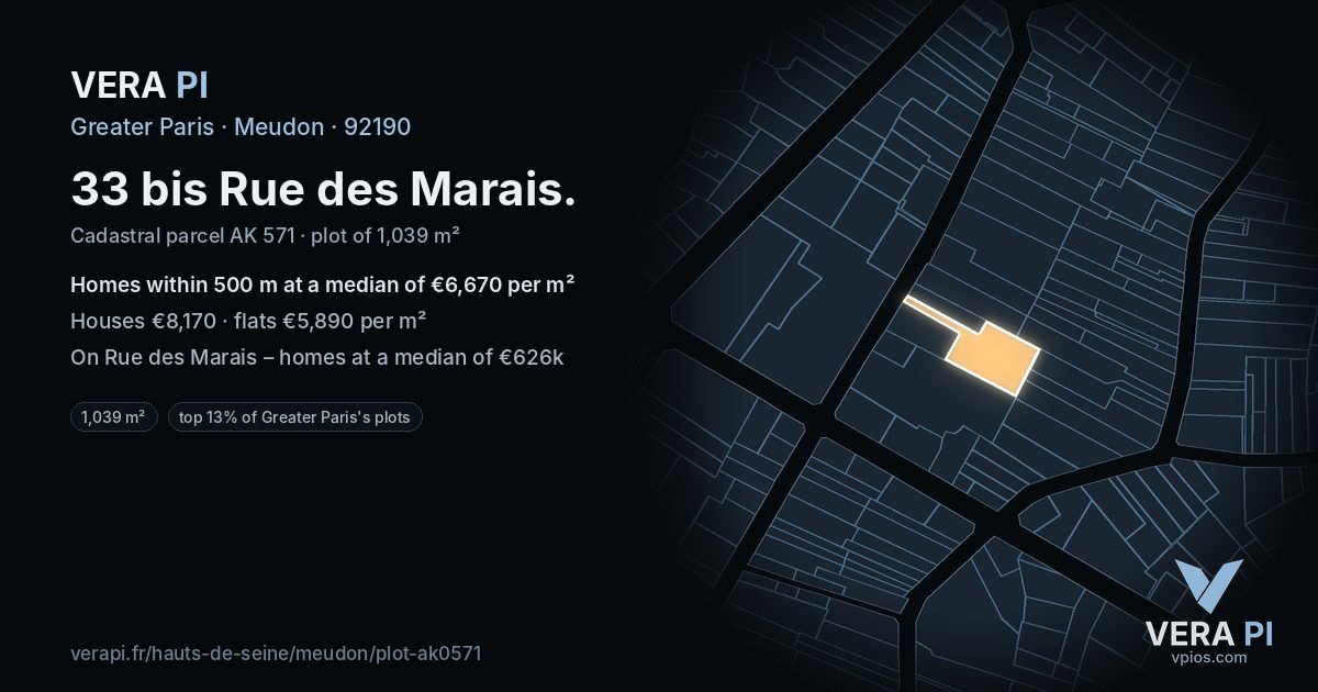 33 bis Rue des Marais, Meudon at night – the plot lit, the parcels around coloured by the prices near them