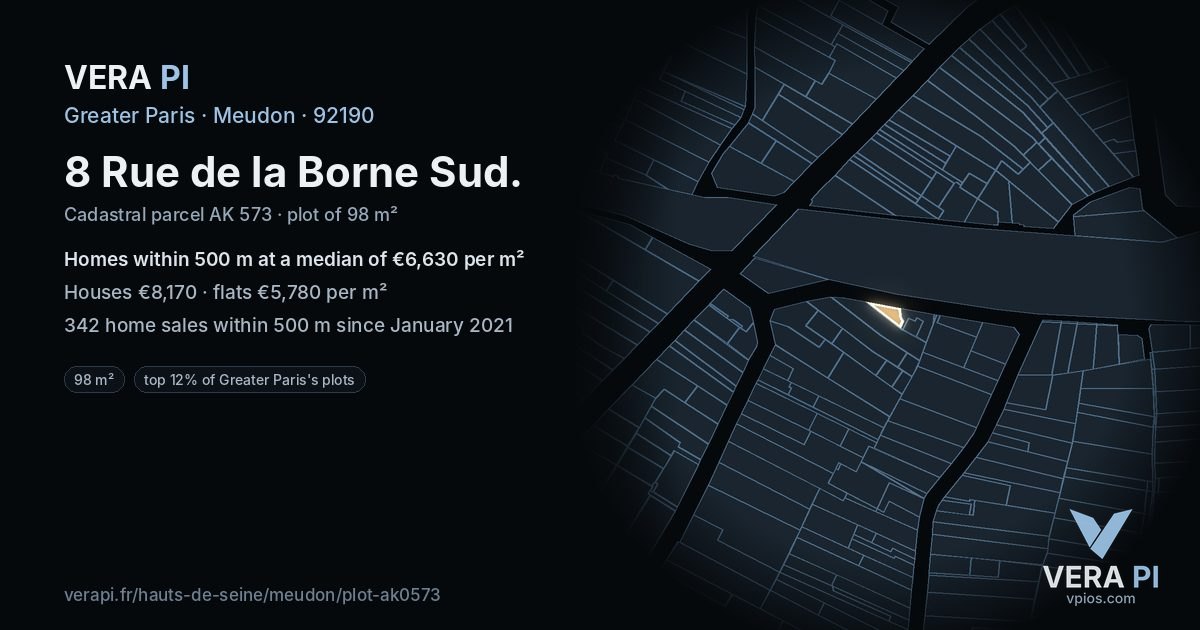 8 Rue de la Borne Sud, Meudon at night – the plot lit, the parcels around coloured by the prices near them