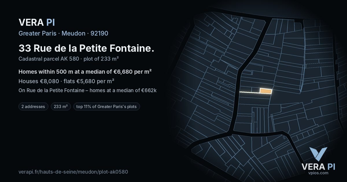 33 Rue de la Petite Fontaine, Meudon at night – the plot lit, the parcels around coloured by the prices near them