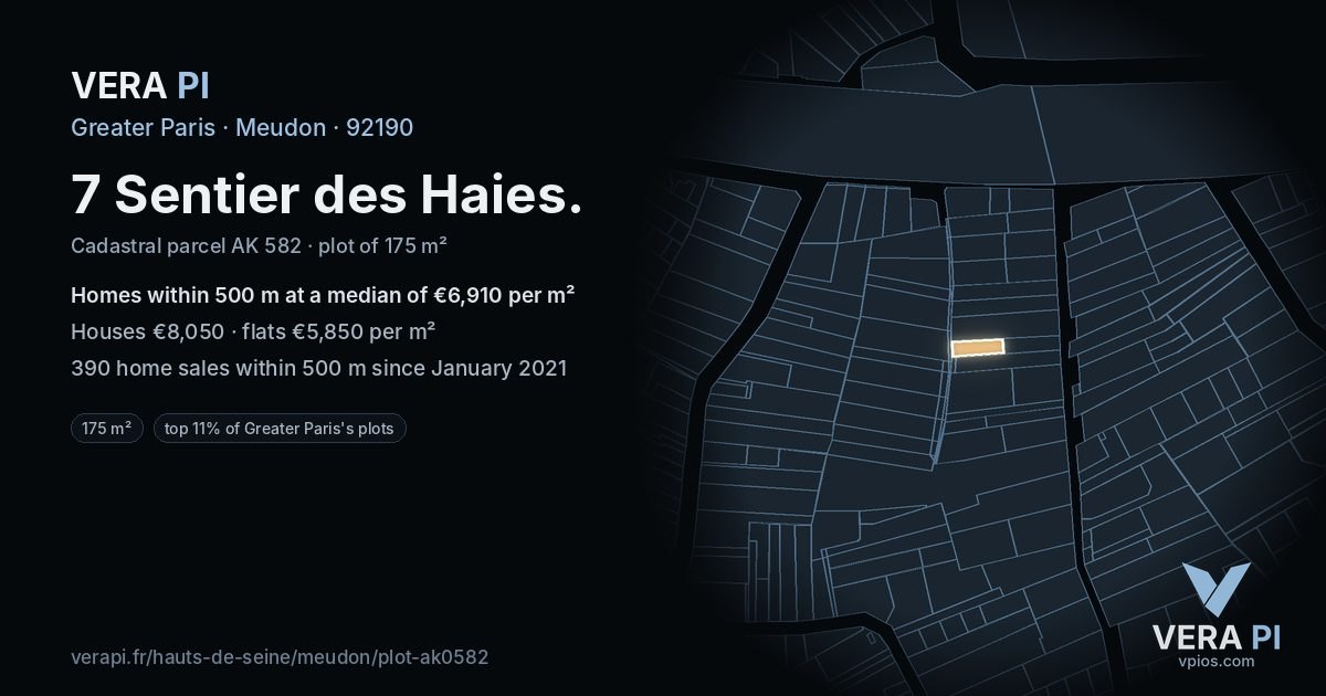 7 Sentier des Haies, Meudon at night – the plot lit, the parcels around coloured by the prices near them
