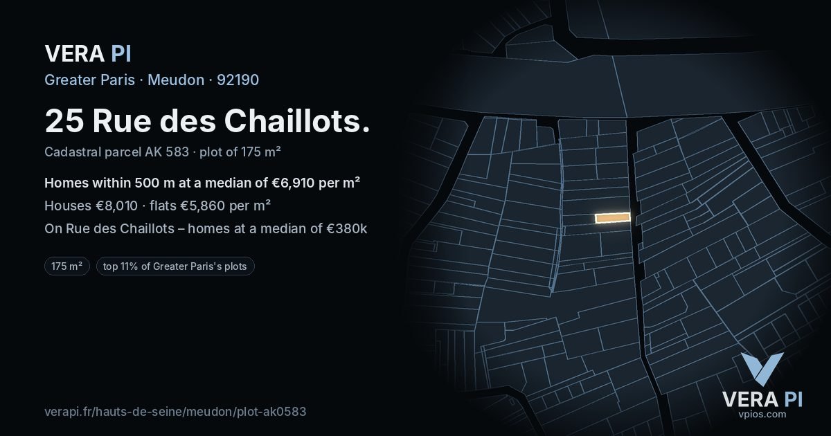 25 Rue des Chaillots, Meudon at night – the plot lit, the parcels around coloured by the prices near them