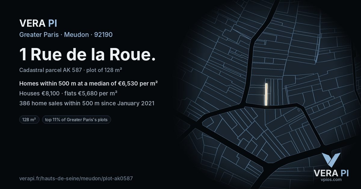 1 Rue de la Roue, Meudon at night – the plot lit, the parcels around coloured by the prices near them
