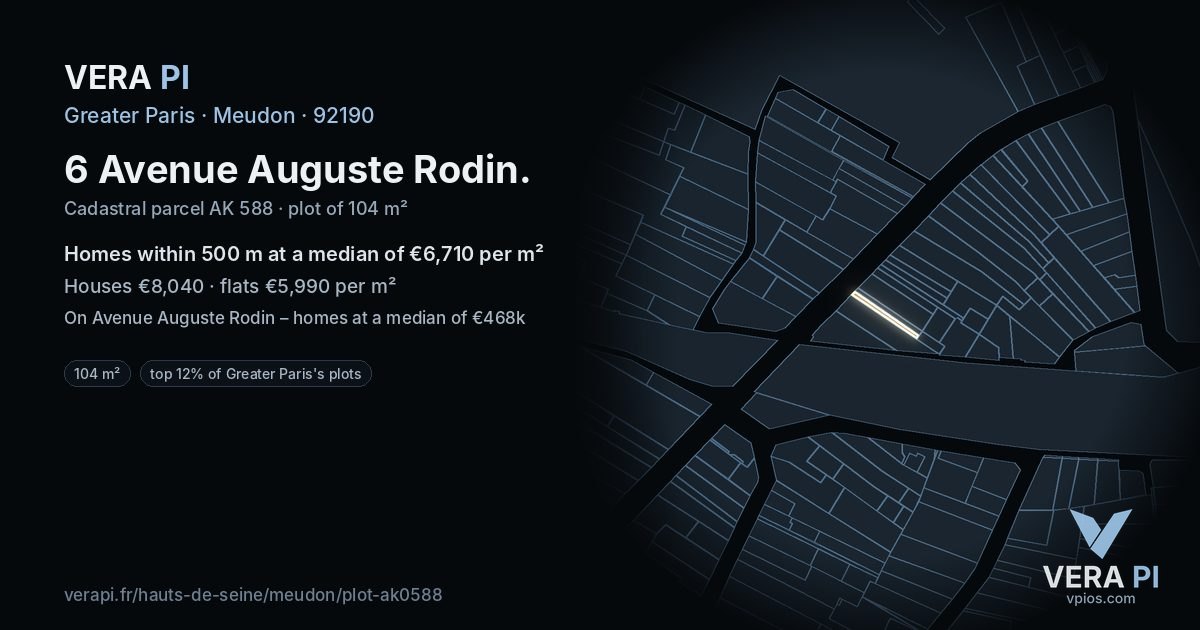 6 Avenue Auguste Rodin, Meudon at night – the plot lit, the parcels around coloured by the prices near them