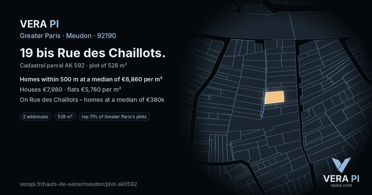 19 bis Rue des Chaillots, Meudon at night – the plot lit, the parcels around coloured by the prices near them