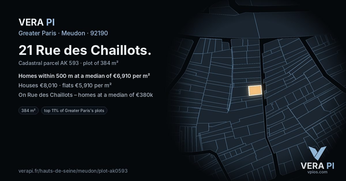 21 Rue des Chaillots, Meudon at night – the plot lit, the parcels around coloured by the prices near them