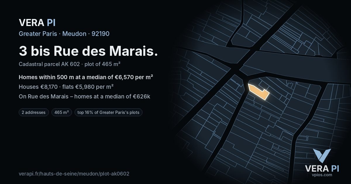 3 bis Rue des Marais, Meudon at night – the plot lit, the parcels around coloured by the prices near them