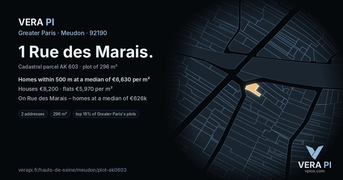 1 Rue des Marais, Meudon at night – the plot lit, the parcels around coloured by the prices near them