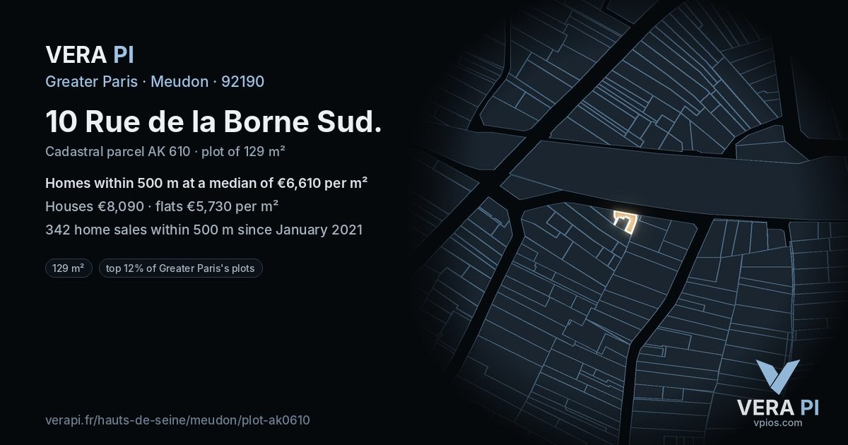 10 Rue de la Borne Sud, Meudon at night – the plot lit, the parcels around coloured by the prices near them