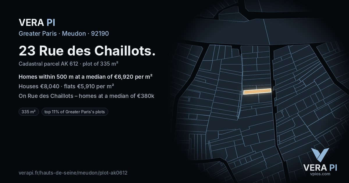 23 Rue des Chaillots, Meudon at night – the plot lit, the parcels around coloured by the prices near them