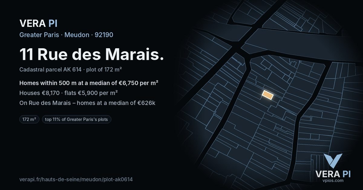 11 Rue des Marais, Meudon at night – the plot lit, the parcels around coloured by the prices near them