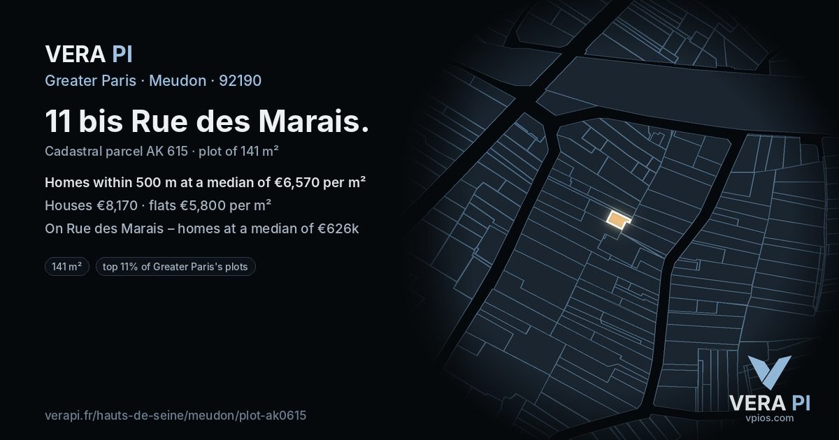 11 bis Rue des Marais, Meudon at night – the plot lit, the parcels around coloured by the prices near them