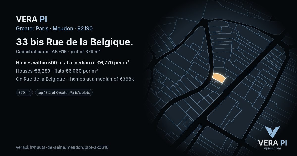 33 bis Rue de la Belgique, Meudon at night – the plot lit, the parcels around coloured by the prices near them