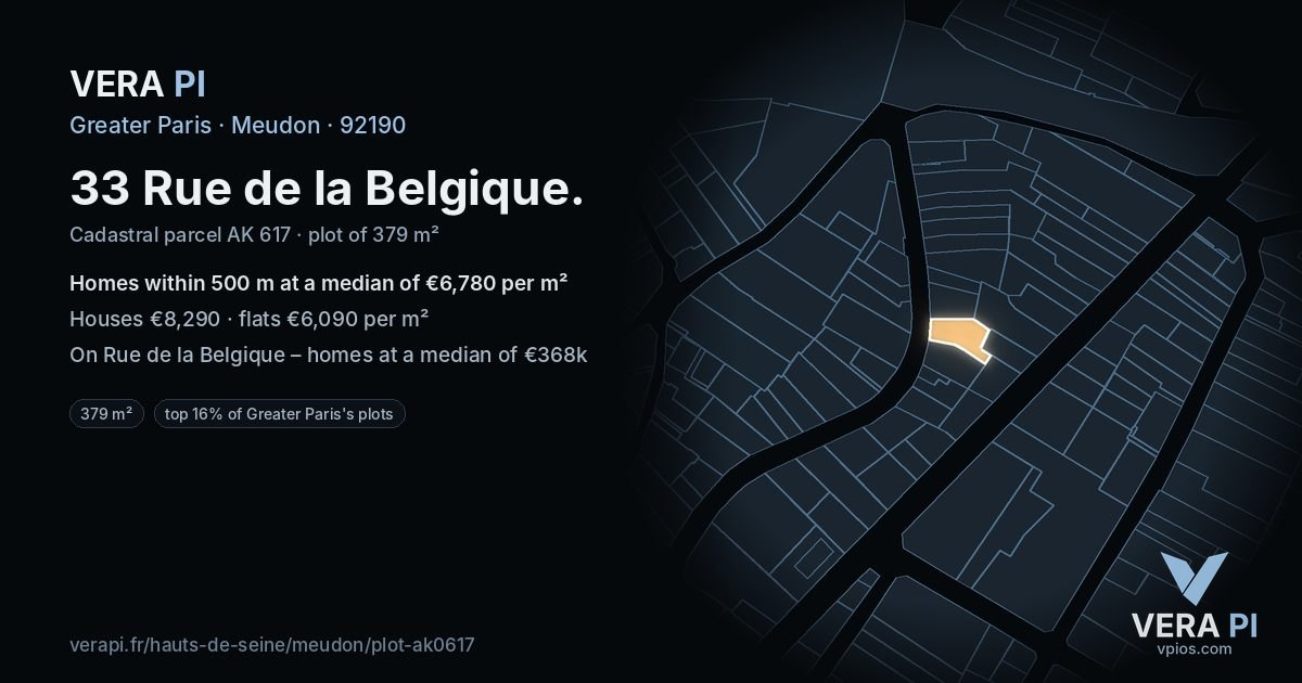 33 Rue de la Belgique, Meudon at night – the plot lit, the parcels around coloured by the prices near them