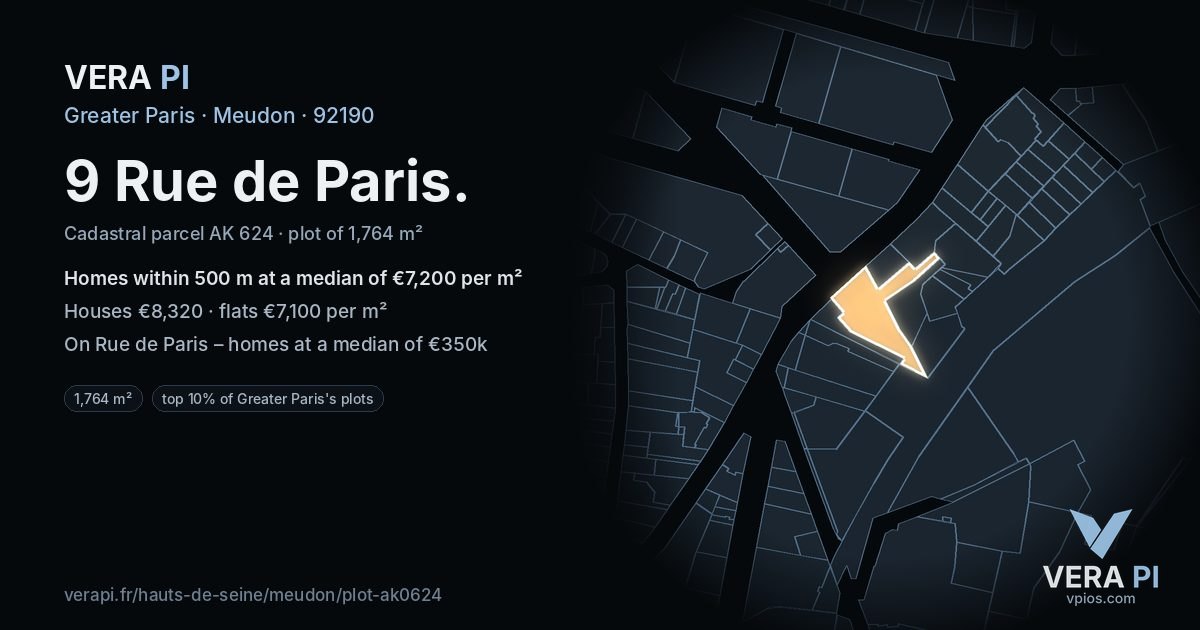 9 Rue de Paris, Meudon at night – the plot lit, the parcels around coloured by the prices near them