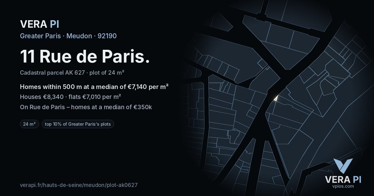 11 Rue de Paris, Meudon at night – the plot lit, the parcels around coloured by the prices near them
