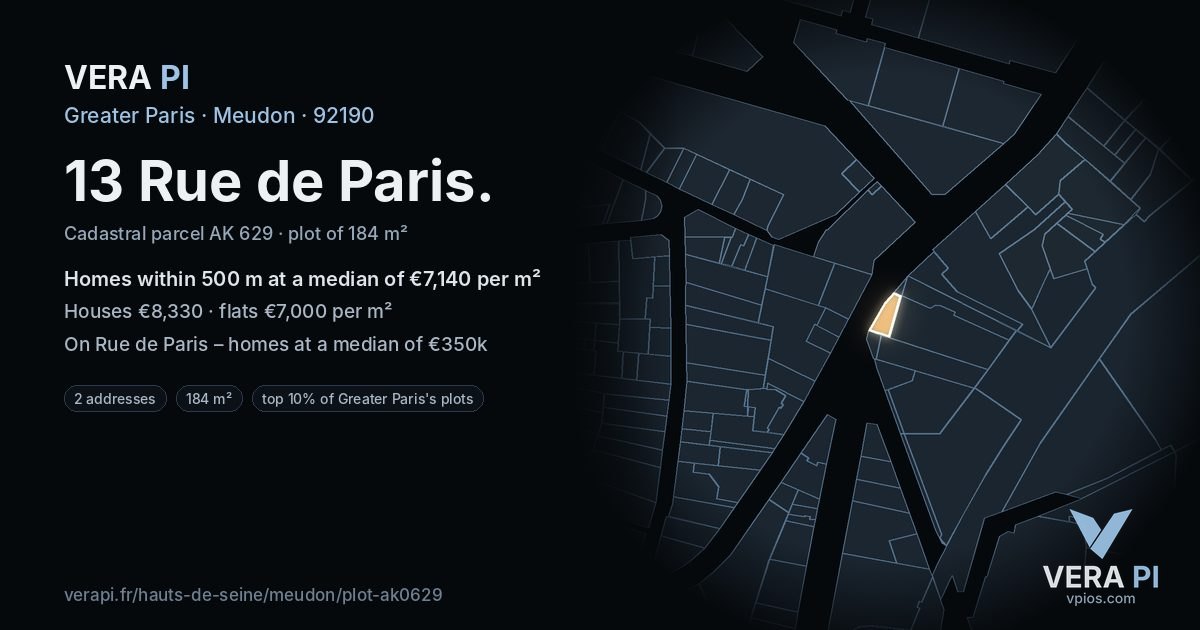 13 Rue de Paris, Meudon at night – the plot lit, the parcels around coloured by the prices near them
