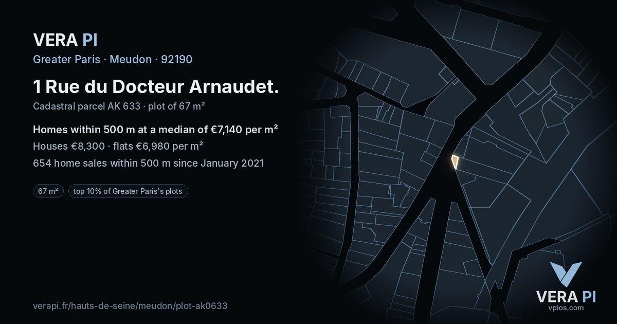 1 Rue du Docteur Arnaudet, Meudon at night – the plot lit, the parcels around coloured by the prices near them