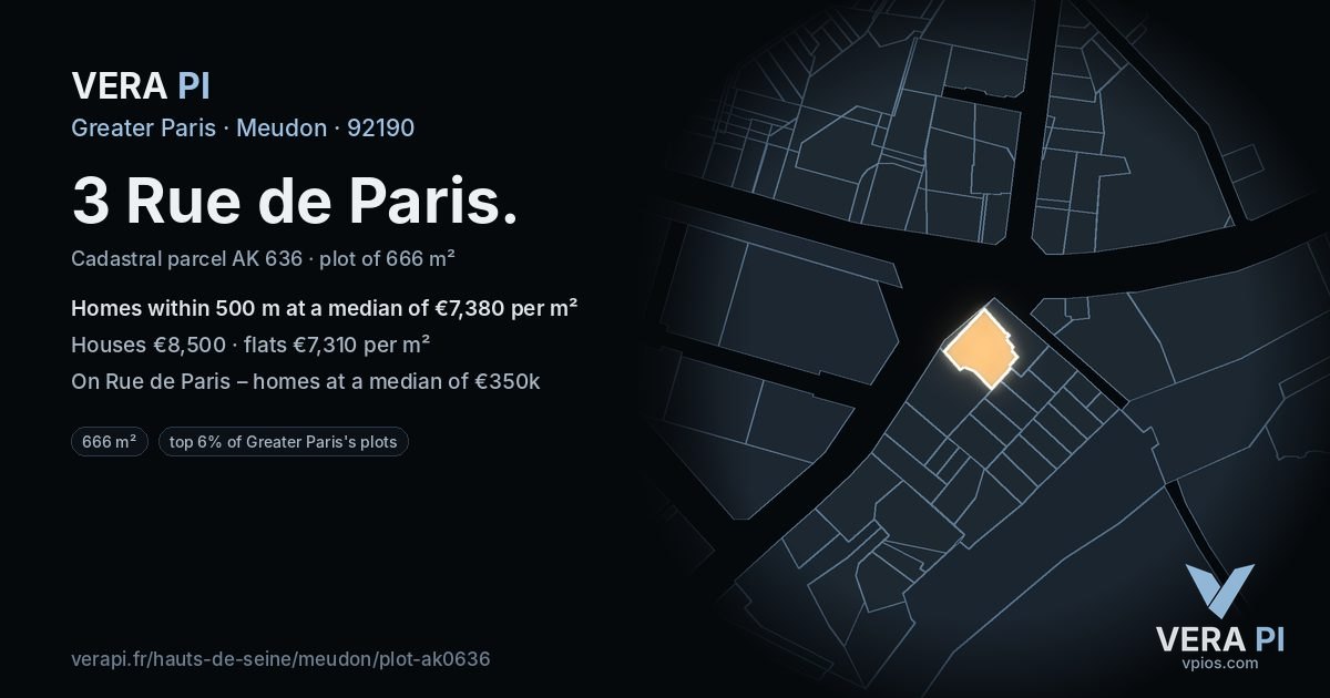 3 Rue de Paris, Meudon at night – the plot lit, the parcels around coloured by the prices near them