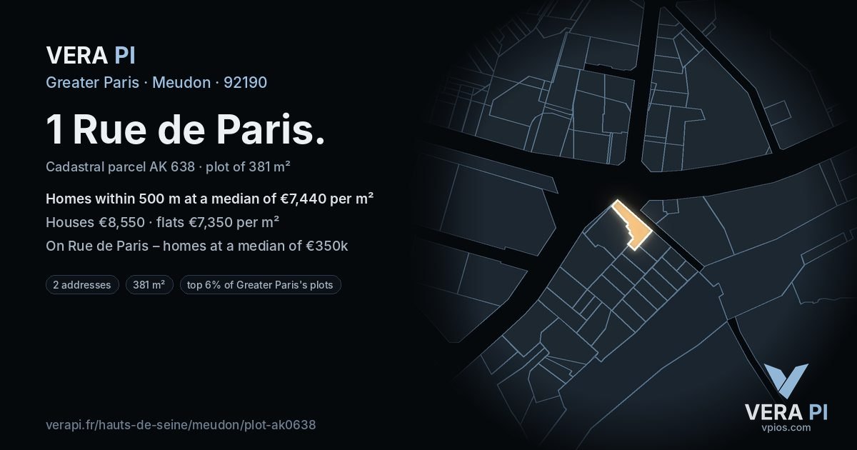 1 Rue de Paris, Meudon at night – the plot lit, the parcels around coloured by the prices near them