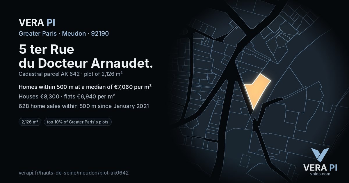 5 ter Rue du Docteur Arnaudet, Meudon at night – the plot lit, the parcels around coloured by the prices near them