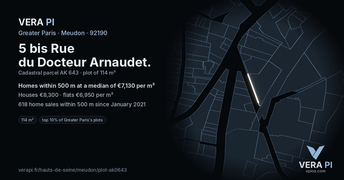 5 bis Rue du Docteur Arnaudet, Meudon at night – the plot lit, the parcels around coloured by the prices near them
