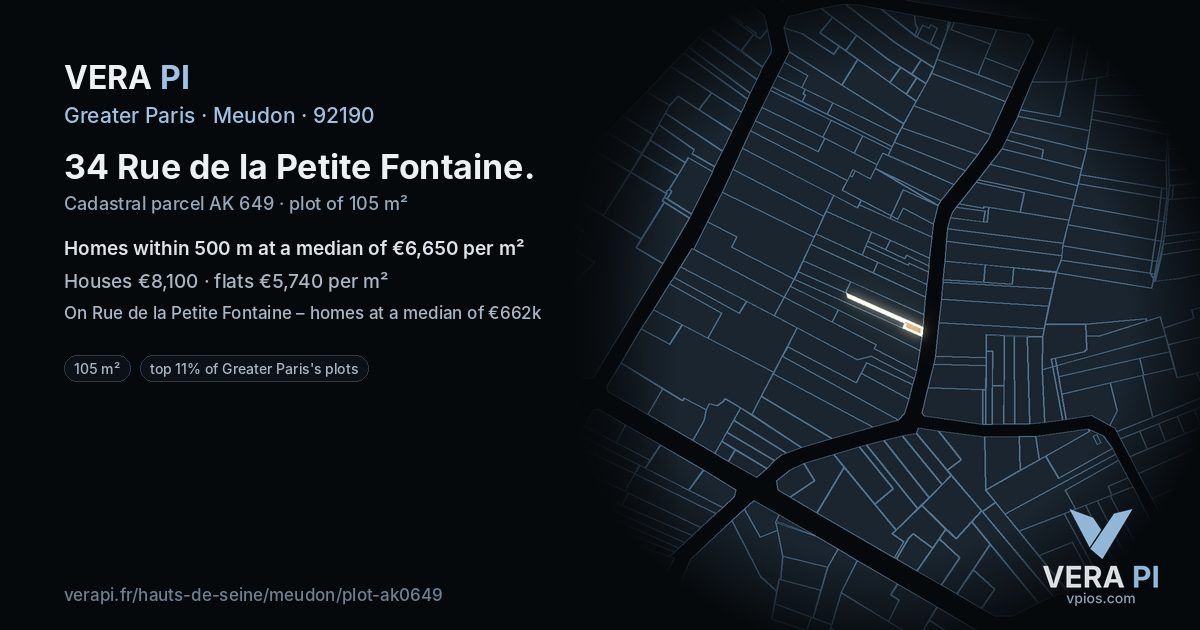 34 Rue de la Petite Fontaine, Meudon at night – the plot lit, the parcels around coloured by the prices near them