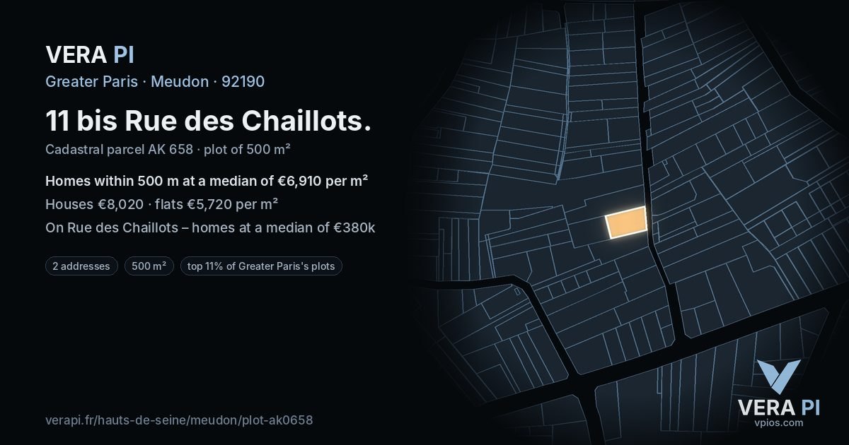 11 bis Rue des Chaillots, Meudon at night – the plot lit, the parcels around coloured by the prices near them