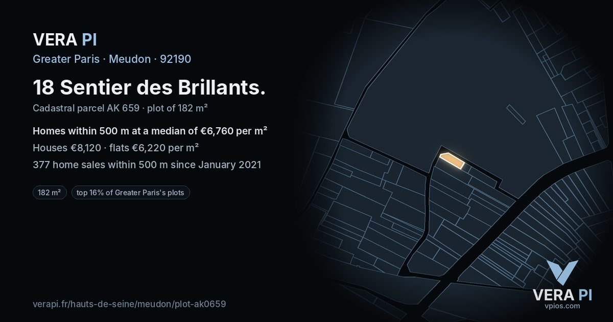 18 Sentier des Brillants, Meudon at night – the plot lit, the parcels around coloured by the prices near them
