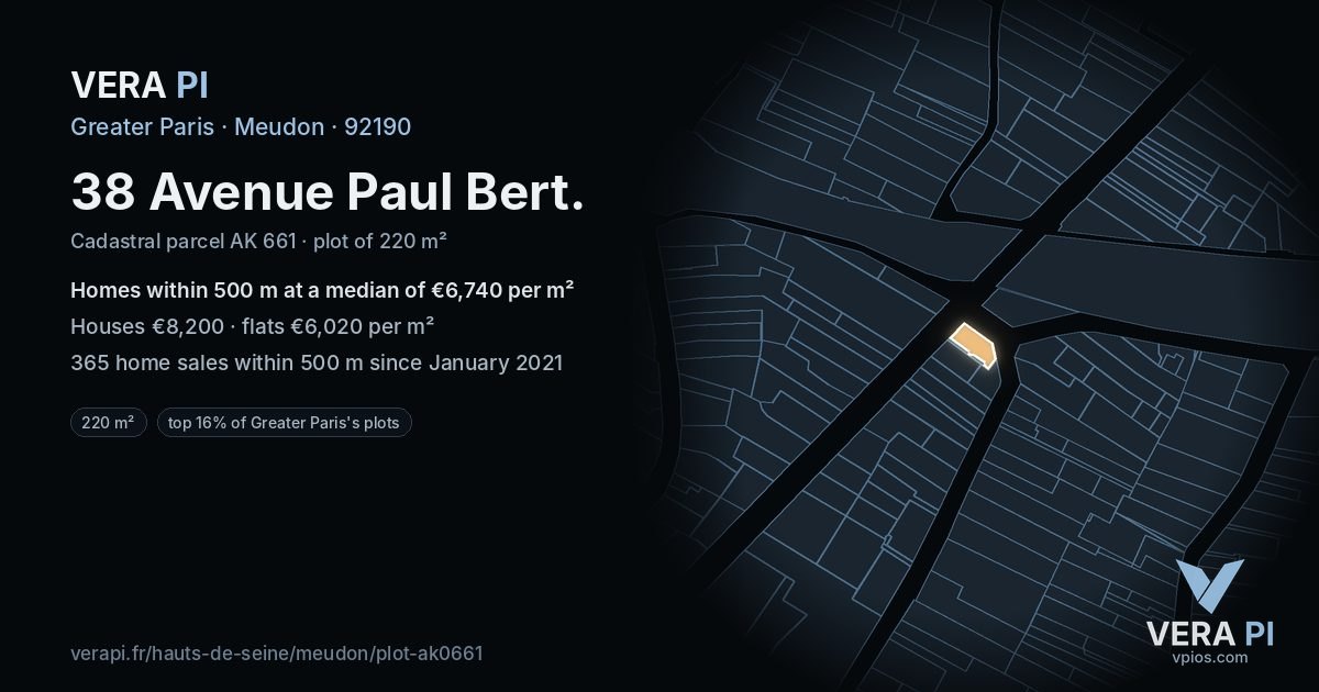 38 Avenue Paul Bert, Meudon at night – the plot lit, the parcels around coloured by the prices near them