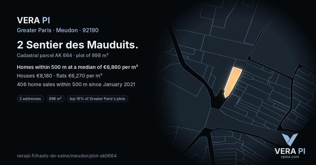 2 Sentier des Mauduits, Meudon at night – the plot lit, the parcels around coloured by the prices near them