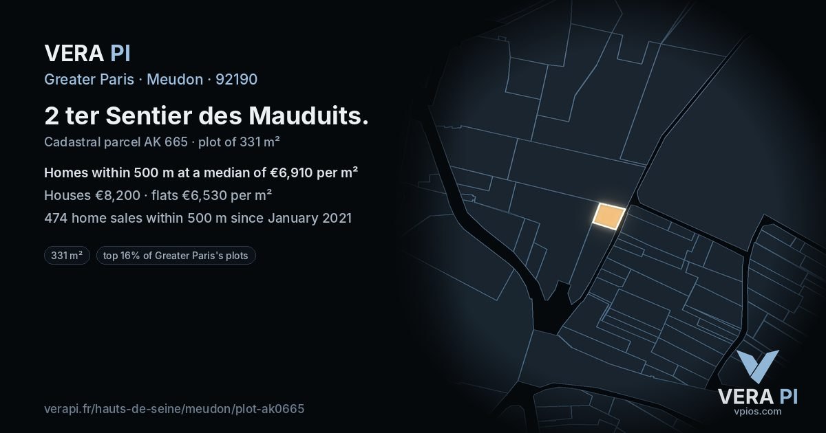 2 ter Sentier des Mauduits, Meudon at night – the plot lit, the parcels around coloured by the prices near them