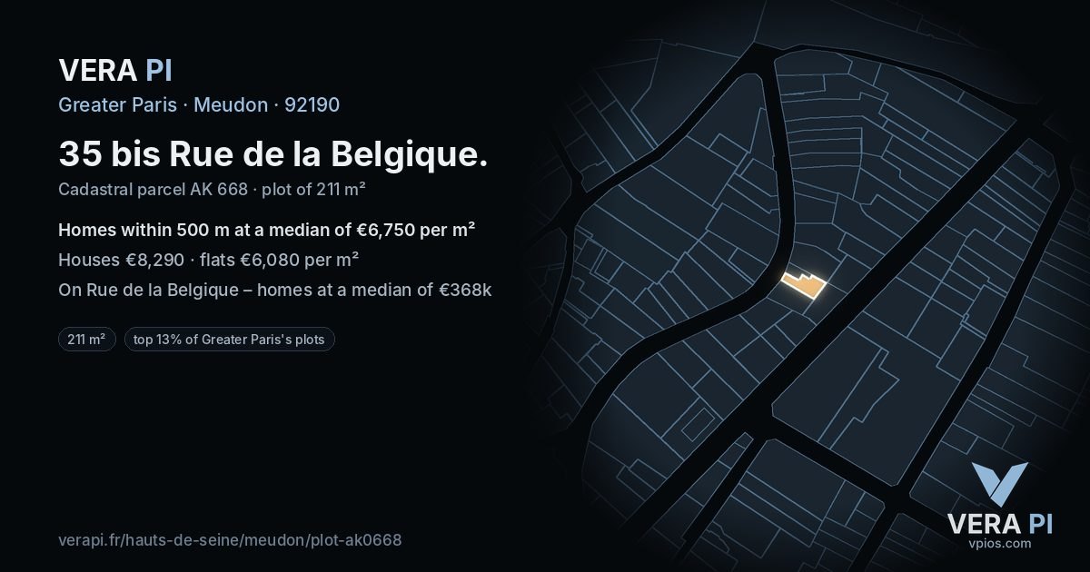 35 bis Rue de la Belgique, Meudon at night – the plot lit, the parcels around coloured by the prices near them