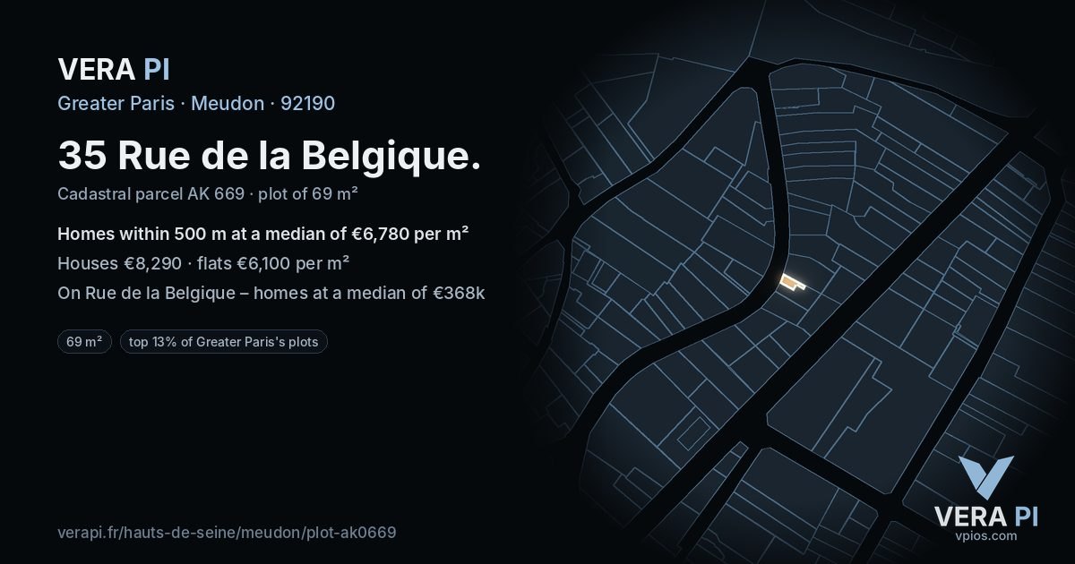35 Rue de la Belgique, Meudon at night – the plot lit, the parcels around coloured by the prices near them